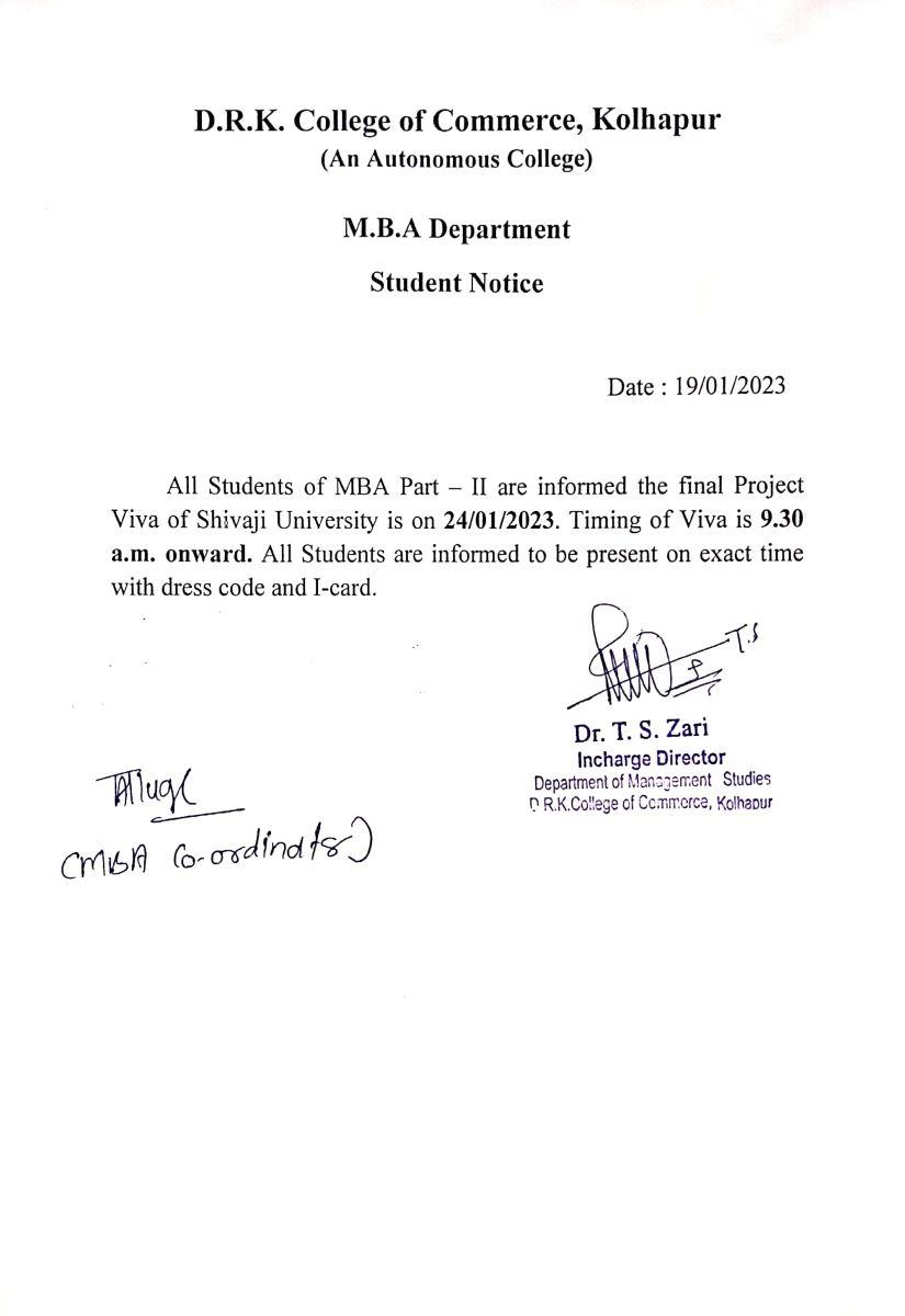 M.B.A. Part - II Final Project Viva of Shivaji University is on 24/01/2023